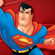 Blue, red, and yellow Superman: The Animated Series artwork of the title hero.